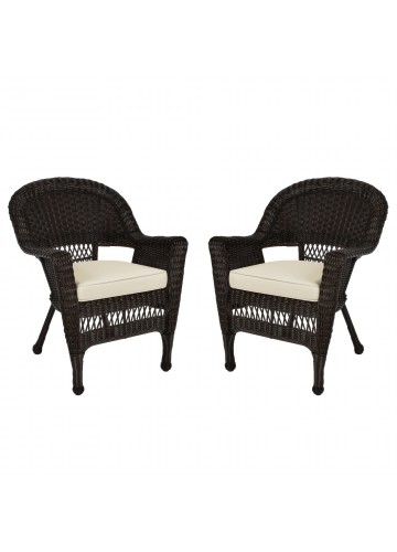 Espresso Wicker Chair With Ivory Cushion - Set of 2