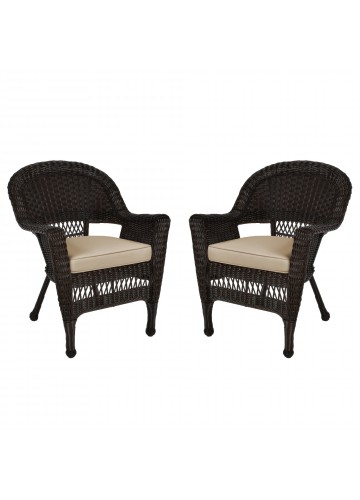 Espresso Wicker Chair With Tan Cushion - Set of 2