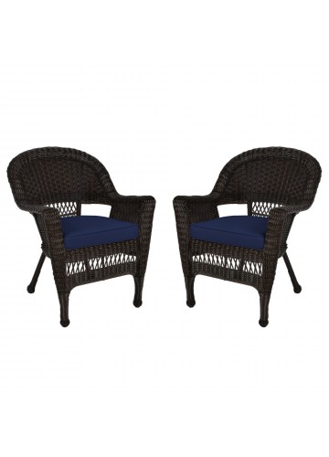 Espresso Wicker Chair With Midnight Blue Cushion - Set of 2