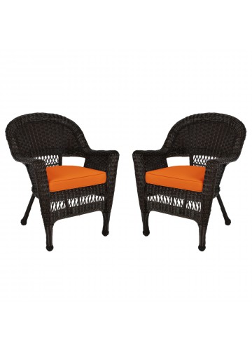 Espresso Wicker Chair With Orange Cushion - Set of 2