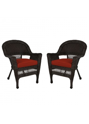 Espresso Wicker Chair With Brick Red Cushion - Set of 2