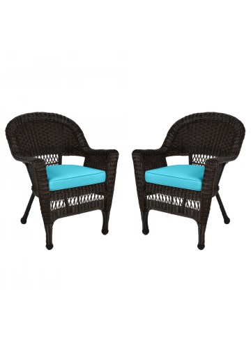 Espresso Wicker Chair With Sky Blue Cushion - Set of 2