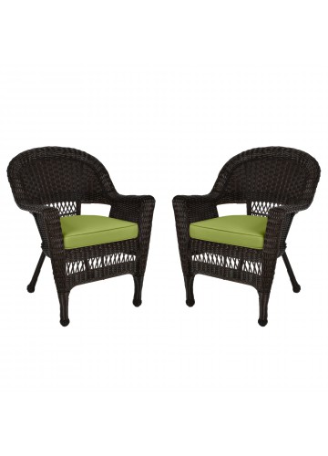 Espresso Wicker Chair With Sage Green Cushion - Set of 2