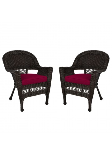Espresso Wicker Chair With Red Cushion - Set of 2