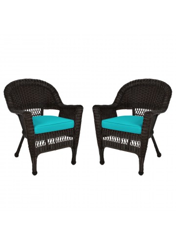 Espresso Wicker Chair With Turquoise Cushion - Set of 2