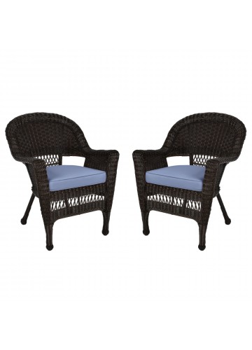 Espresso Wicker Chair With Steel Blue Cushion - Set of 2