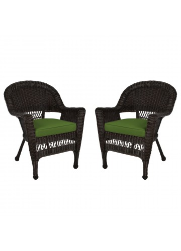 Espresso Wicker Chair With Hunter Green Cushion - Set of 2