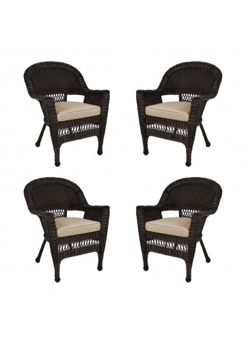 Espresso Wicker Chair With Tan Cushion - Set of 4