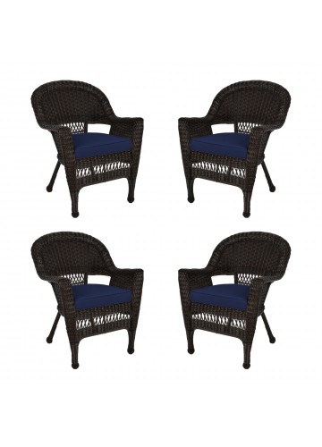 Espresso Wicker Chair With Midnight Blue Cushion - Set of 4