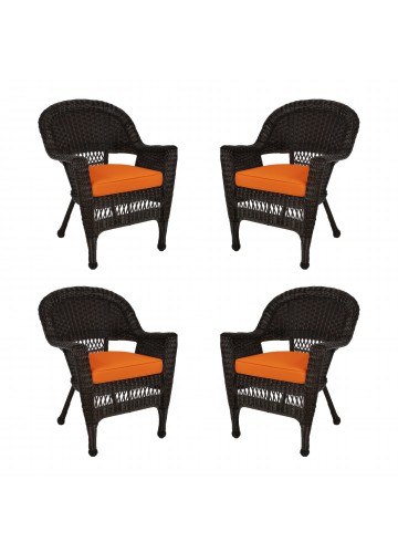 Espresso Wicker Chair With Orange Cushion - Set of 4