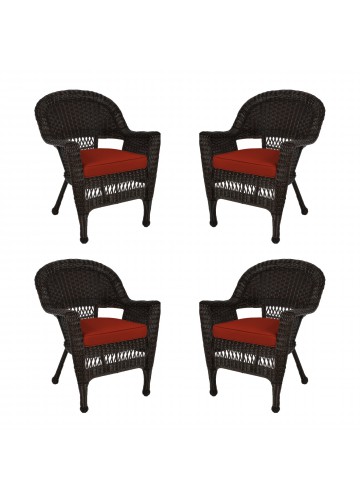 Espresso Wicker Chair With Brick Red Cushion - Set of 4