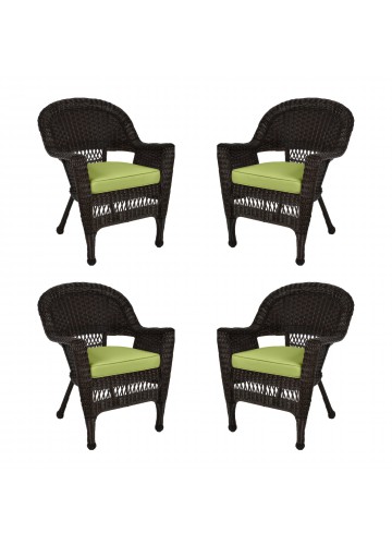 Espresso Wicker Chair With Sage Green Cushion - Set of 4