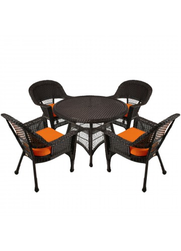 5pc Espresso Wicker Dining Set - Orange Cushions