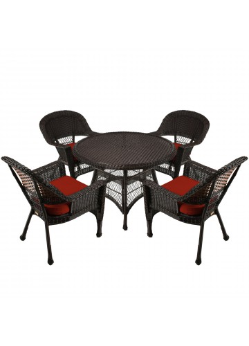 5pc Espresso Wicker Dining Set - Brick Red Cushions