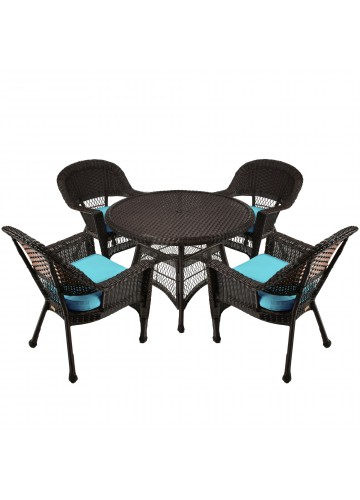 5pc Espresso Wicker Dining Set - Sky Blue Cushions