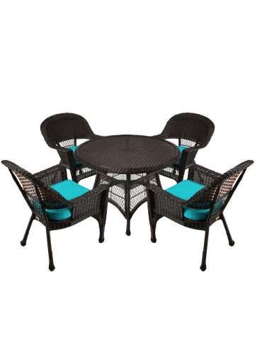 5pc Espresso Wicker Dining Set - Turquoise Cushions