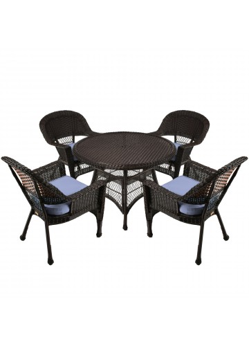 5pc Espresso Wicker Dining Set - Steel Blue Cushions