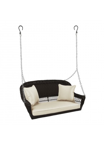 Espresso Resin Wicker Porch Swing with Ivory Cushion