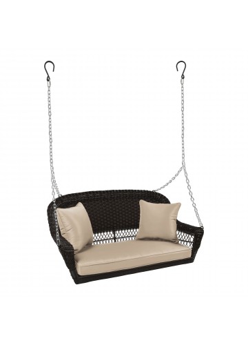 Espresso Resin Wicker Porch Swing with Tan Cushion