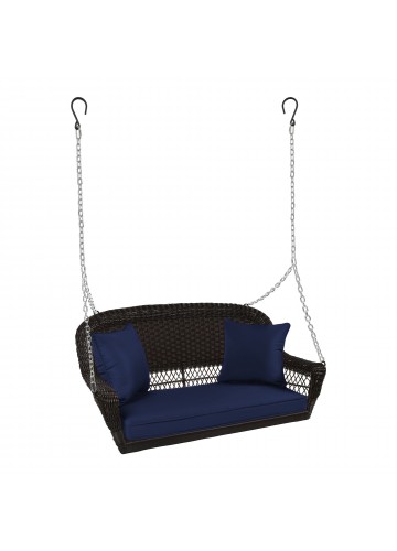 Espresso Resin Wicker Porch Swing with Midnight Blue Cushion