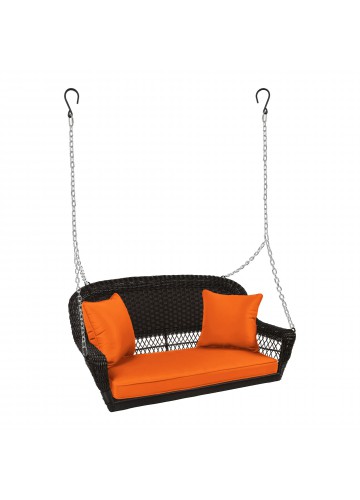 Espresso Resin Wicker Porch Swing with Orange Cushion