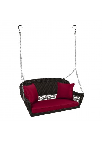Espresso Resin Wicker Porch Swing with Red Cushion