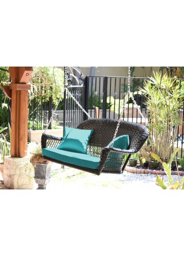 Espresso Resin Wicker Porch Swing with Turquoise Cushion