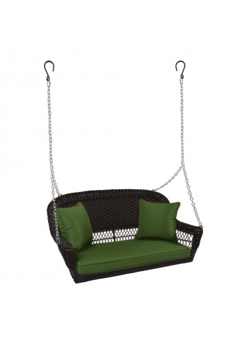 Espresso Resin Wicker Porch Swing with Hunter Green Cushion