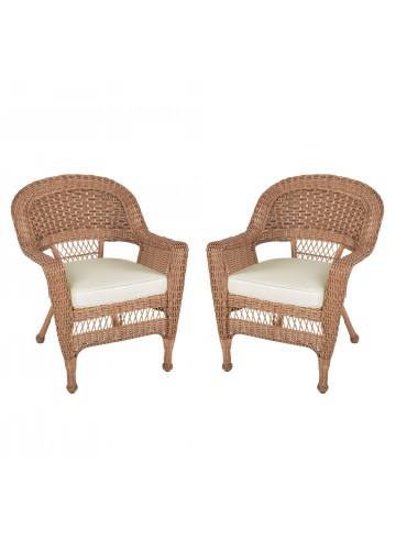 Honey Wicker Chair With Ivory Cushion - Set of  2