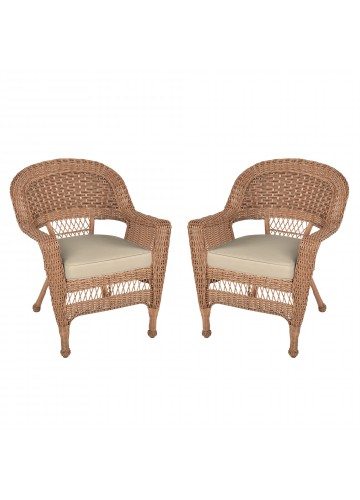 Honey Wicker Chair With Tan Cushion - Set of  2