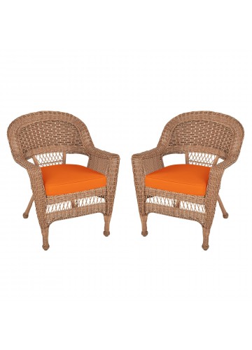 Honey Wicker Chair With Orange Cushion - Set of 2