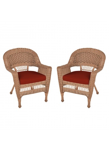 Honey Wicker Chair With Brick Red Cushion - Set of 2