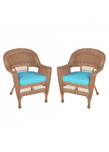 Honey Wicker Chair With Sky Blue Cushion - Set of  2