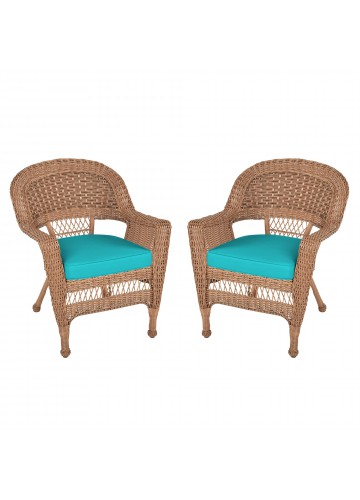 Honey Wicker Chair With Turquoise Cushion - Set of  2