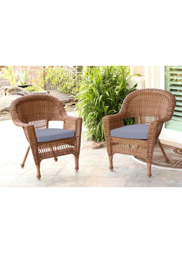 Honey Wicker Chair With Steel Blue Cushion - Set of  2