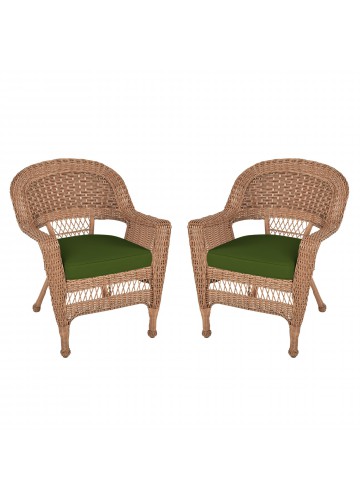 Honey Wicker Chair With Hunter Green Cushion - Set of  2