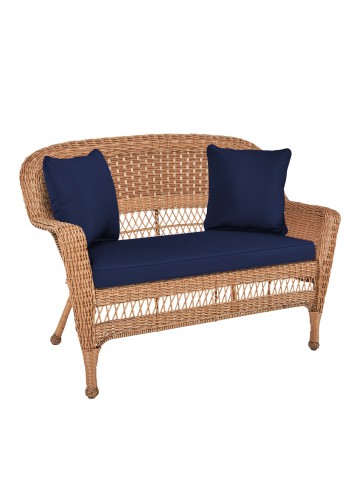 Honey Wicker Patio Love Seat With Midnight Blue Cushion and Pillows