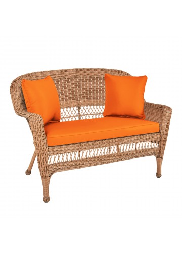 Honey Wicker Patio Love Seat With Orange Cushion and Pillows