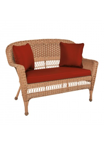 Honey Wicker Patio Love Seat With Brick Red Cushion and Pillows