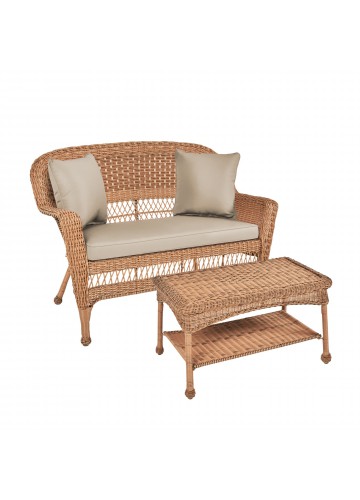 Honey Wicker Patio Love Seat And Coffee Table Set With Tan Cushion