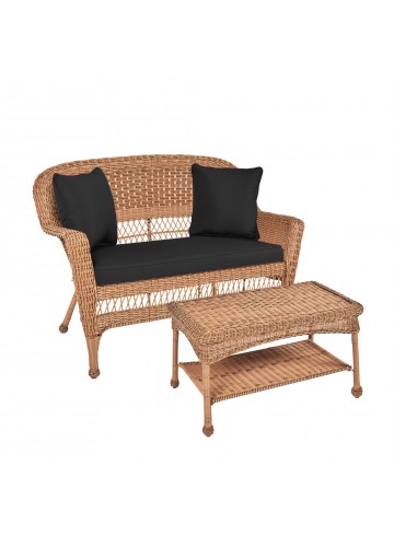 Honey Wicker Patio Love Seat And Coffee Table Set With Black Cushion