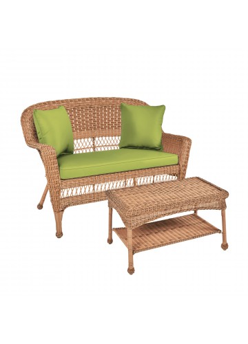 Honey Wicker Patio Love Seat And Coffee Table Set With Sage Green Cushion