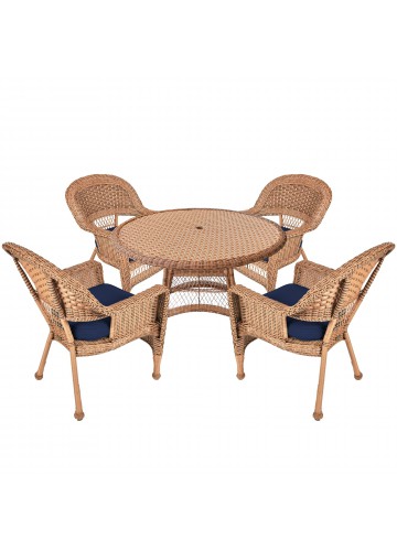 5pc Honey Wicker Dining Set - Midnight Blue Cushions