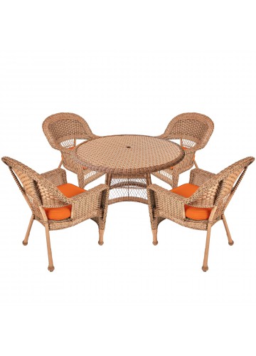 5pc Honey Wicker Dining Set - Orange Cushions