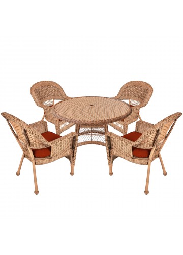 5pc Honey Wicker Dining Set - Brick Red Cushions
