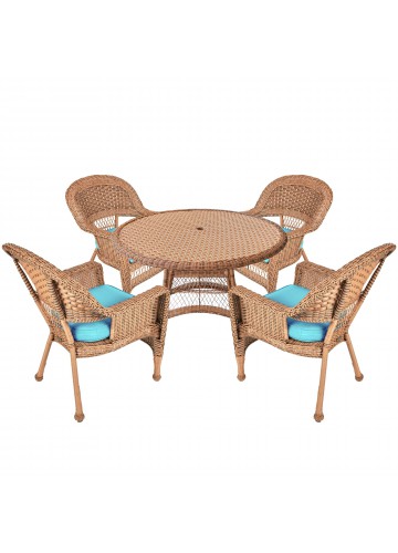 5pc Honey Wicker Dining Set - Sky Blue Cushions