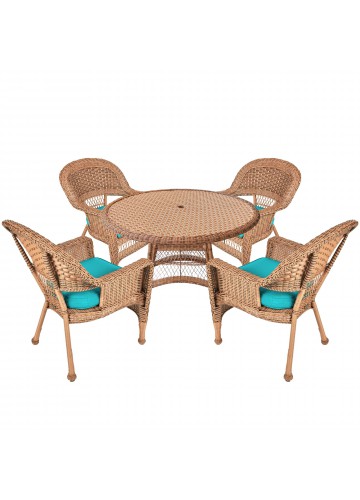 5pc Honey Wicker Dining Set - Turquoise Cushions