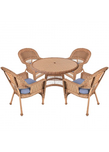 5pc Honey Wicker Dining Set - Steel Blue Cushions