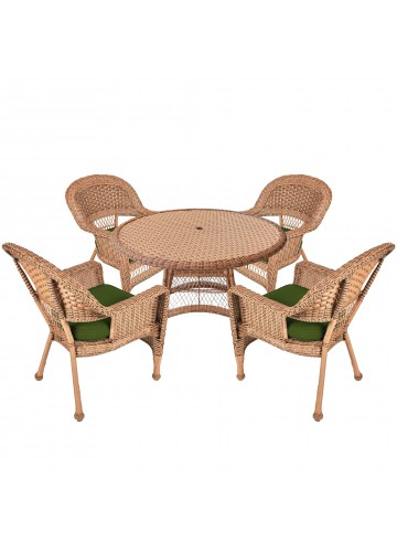 5pc Honey Wicker Dining Set - Hunter Green Cushions