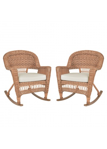 Honey Rocker Wicker Chair with Ivory Cushion -  Set of 2
